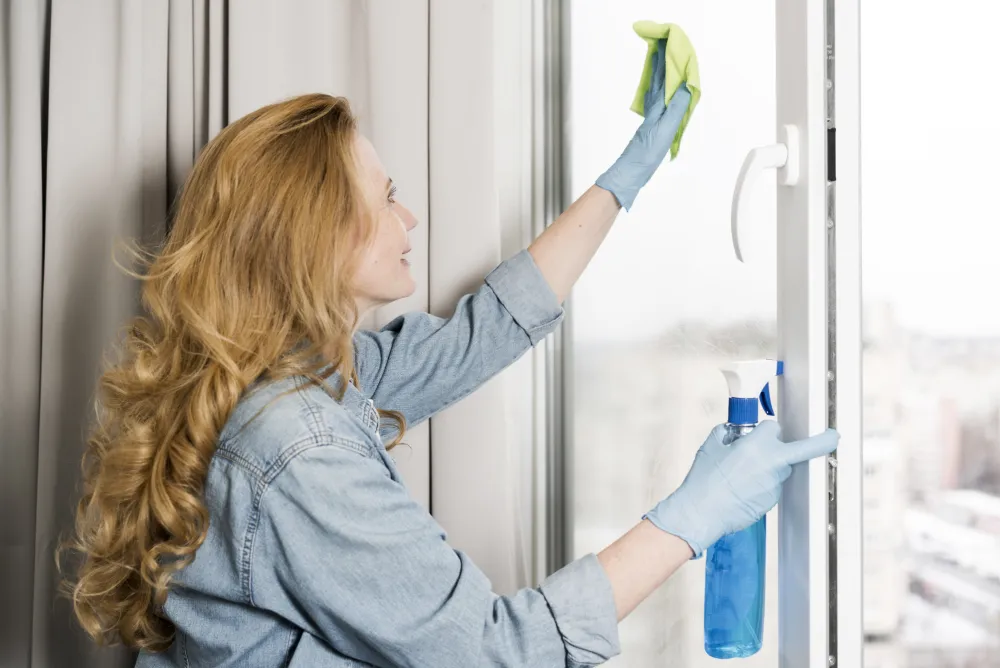 Frau wischt eine Fensterscheibe mit einem Tuch sauber