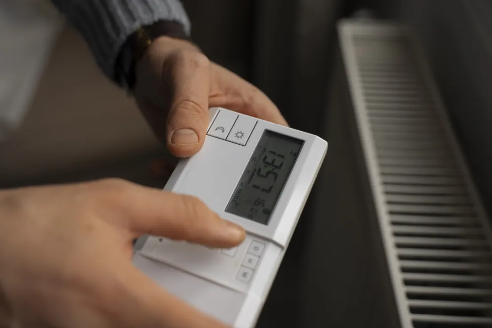 Mann dreht das Thermostat am Heizkörper herunter